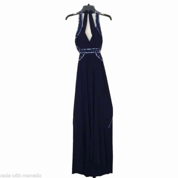 Nightway navy blue open back low cut prom holiday dress size 4 - Picture 1 of 16
